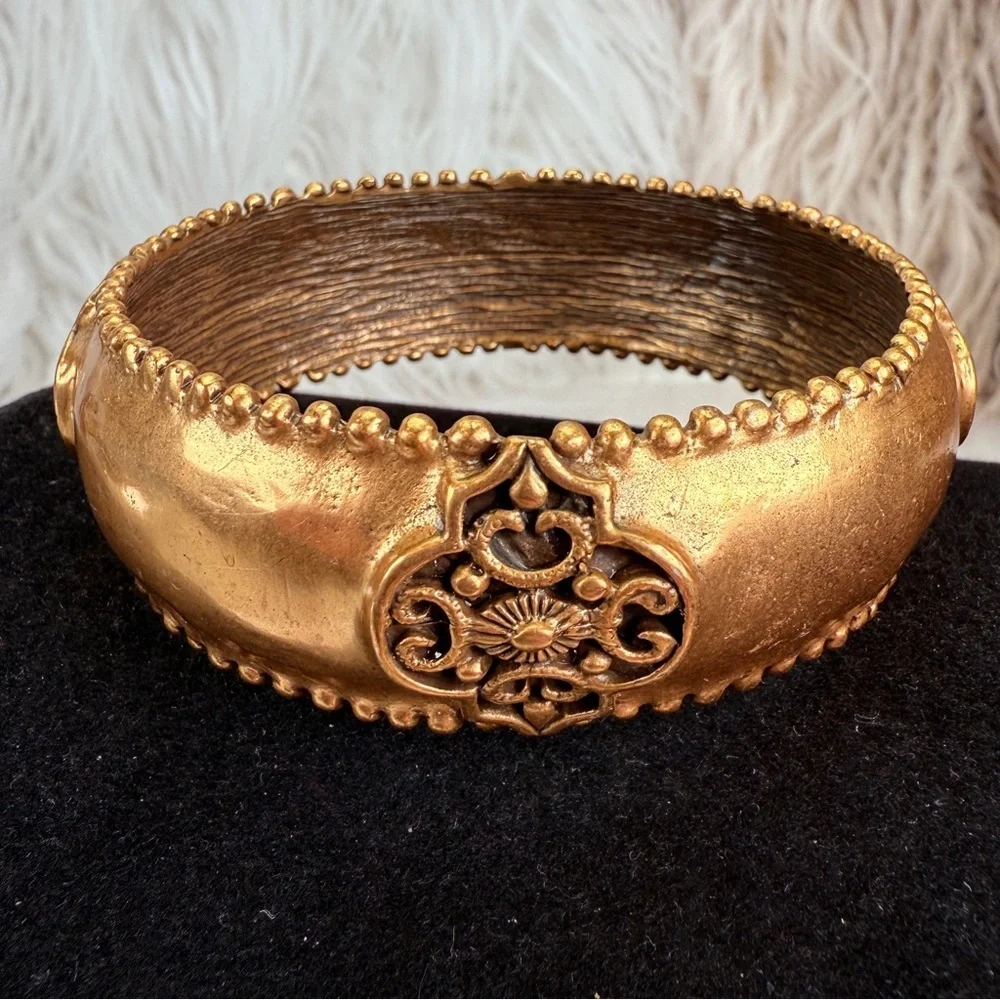 Aged Goldtone Textured Weighted bohemian chic Bangle Bracelet